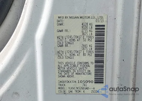 2013 Nissan Nv Sv from USA, damaged, VIN 1N6BF0KX3DN105090
